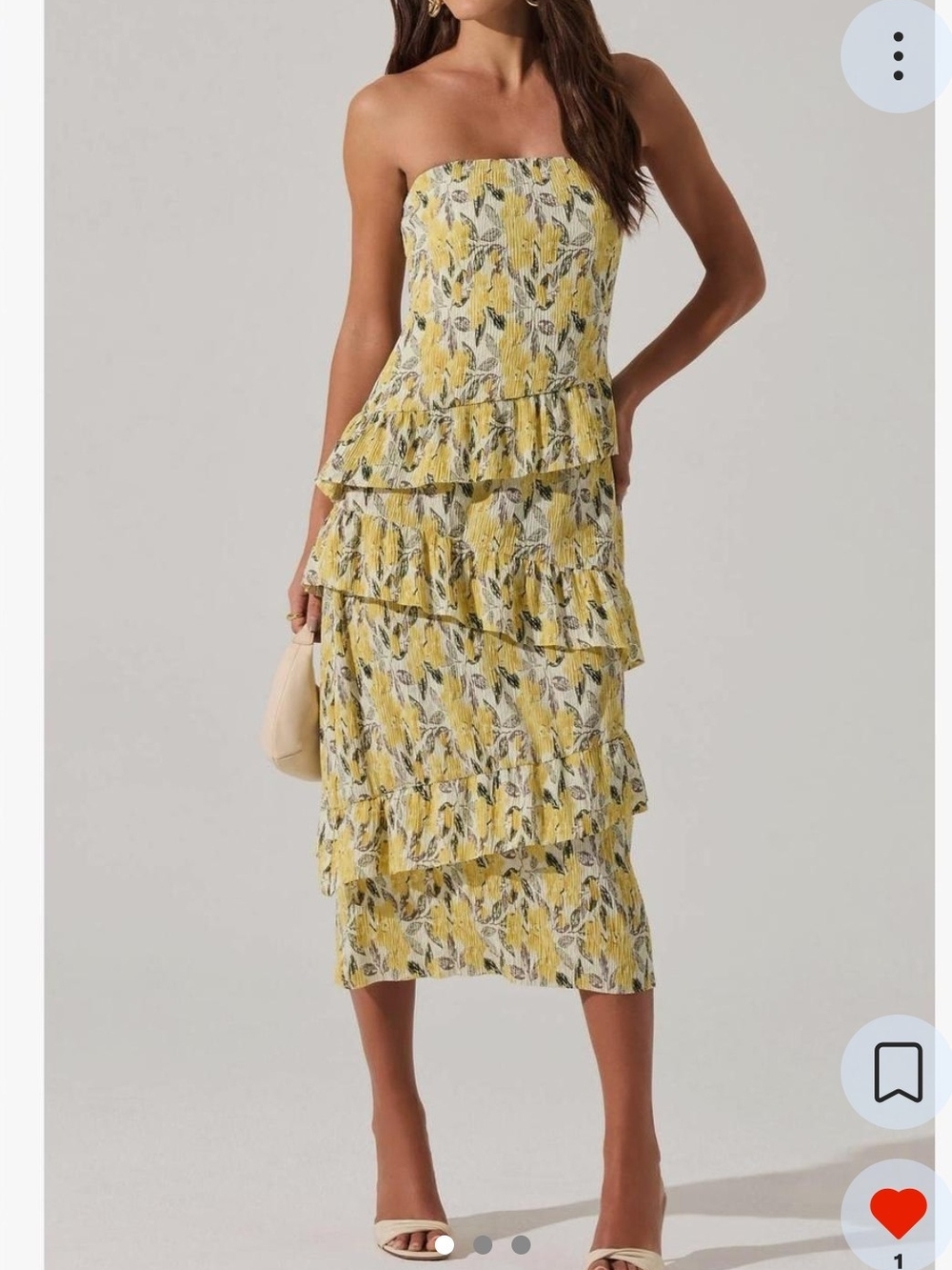 Strapless Yellow Floral Tiered Ruffle Midi Dress